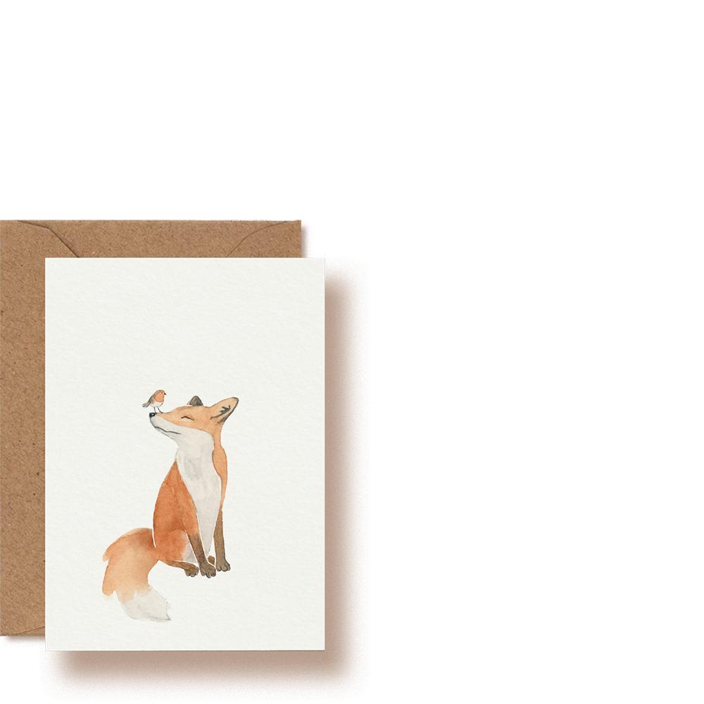 Fuchs mit Rotkehlchen | Mini-Grußkarte