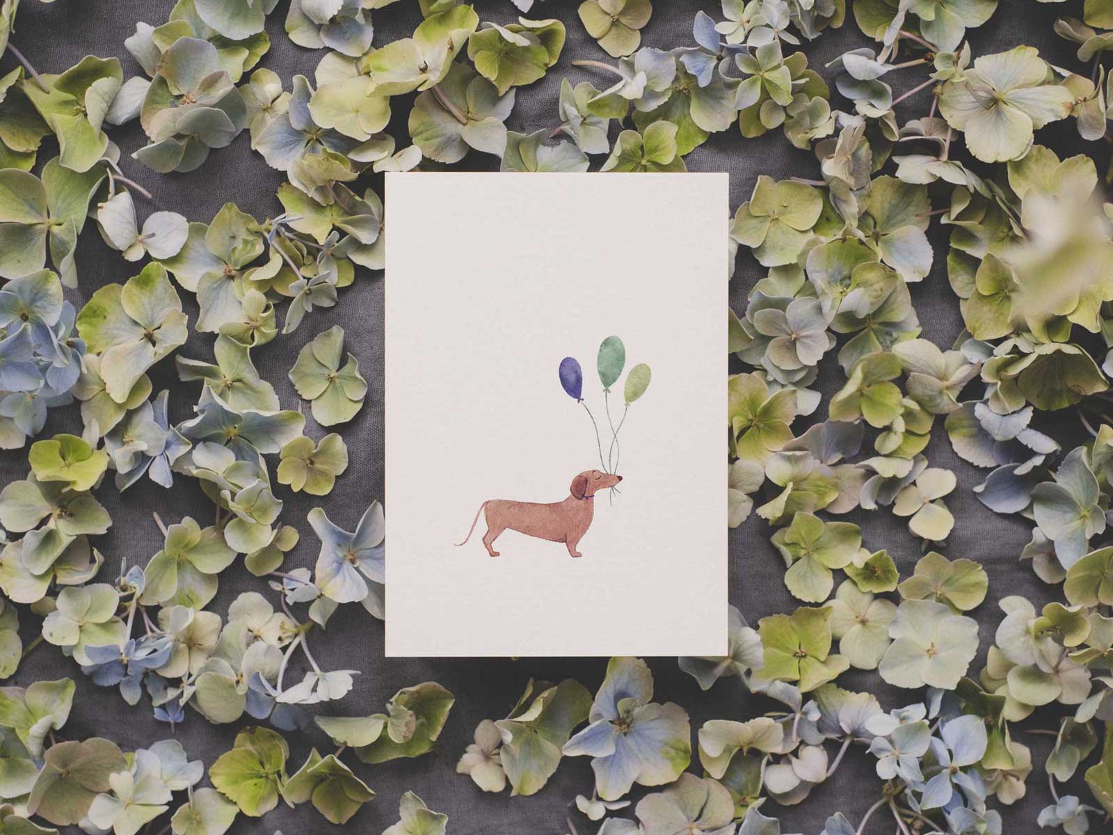 Dackel mit Luftballons | Postkarte